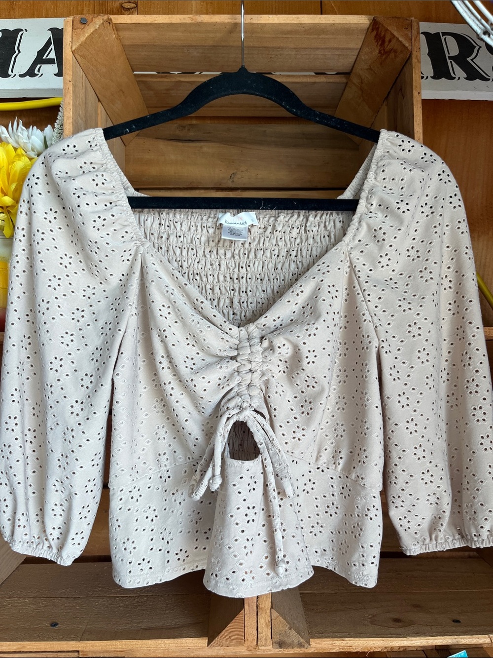 URBAN Romantics Cream Eyelet Tie-Front Crop Top